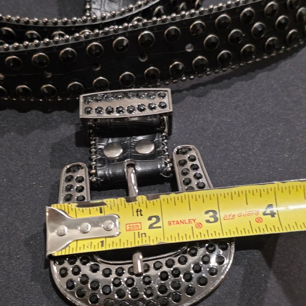Western Black‎ Rhinestone Belt Genuine Leather XL Croc Embossed Cowboy Punk
